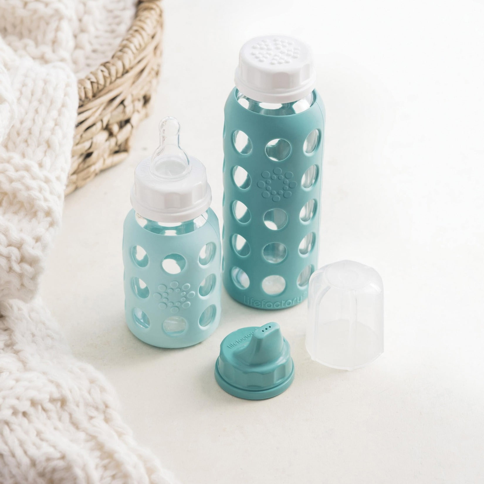 Lifefactory Baby 6 Bottle Starter Set in Mint/Lavender and in Kale/Grape Flat & Sippy Caps Stage 3 Nipples 16 Oz 12 Piece Set