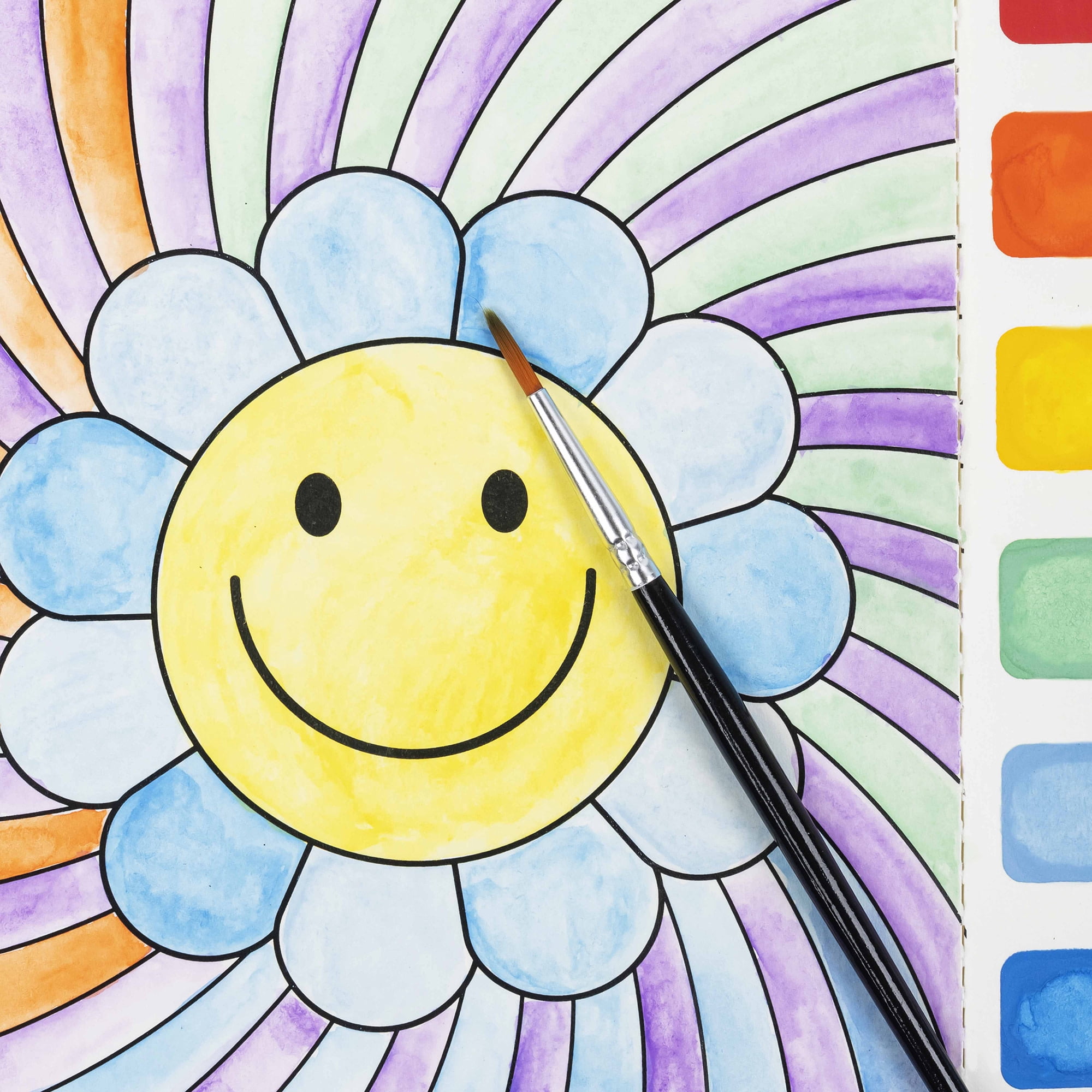 Vivid by Brea Reese: Watercolor Pad Kit - Rainbow - 8 Retro Groovy Themed Designs & 4 Blank Sheets, 12 Detachable Paint Palettes, Brush, Art Activity