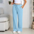 thumbnail image 4 of Women's wide-leg athletic pants, high-waisted loose casual trousers with drawstring, flared athletic pants, jogging pants with pockets,Light Blue,XXL, 4 of 5