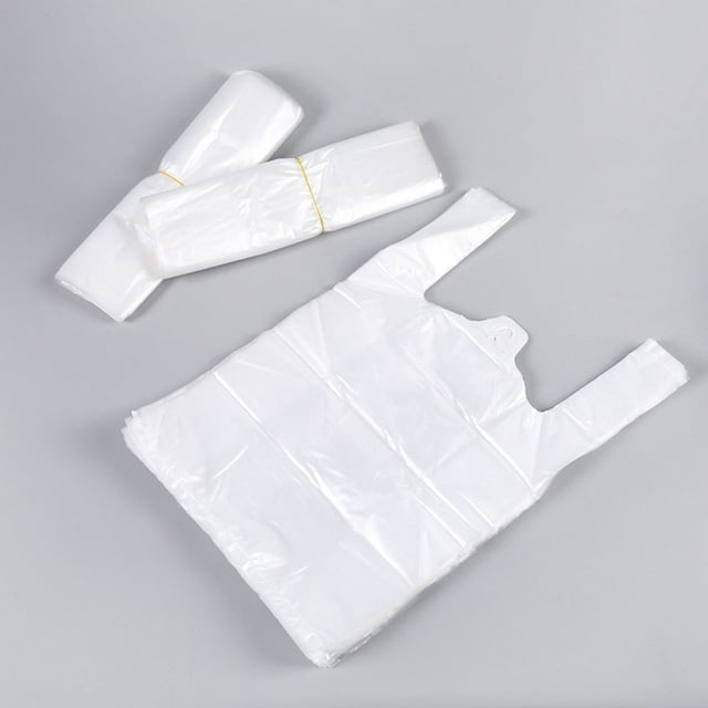 CNKOO 100pcs white food grade plastic bags with handles, suitable for food packaging in supermarkets, stores, and grocery settings. The image displays a flat, unfolded bag with a handle design, accompanied by two rolled bundles of similar bags tied with yellow bands. Dimensions are 20x30 cm.