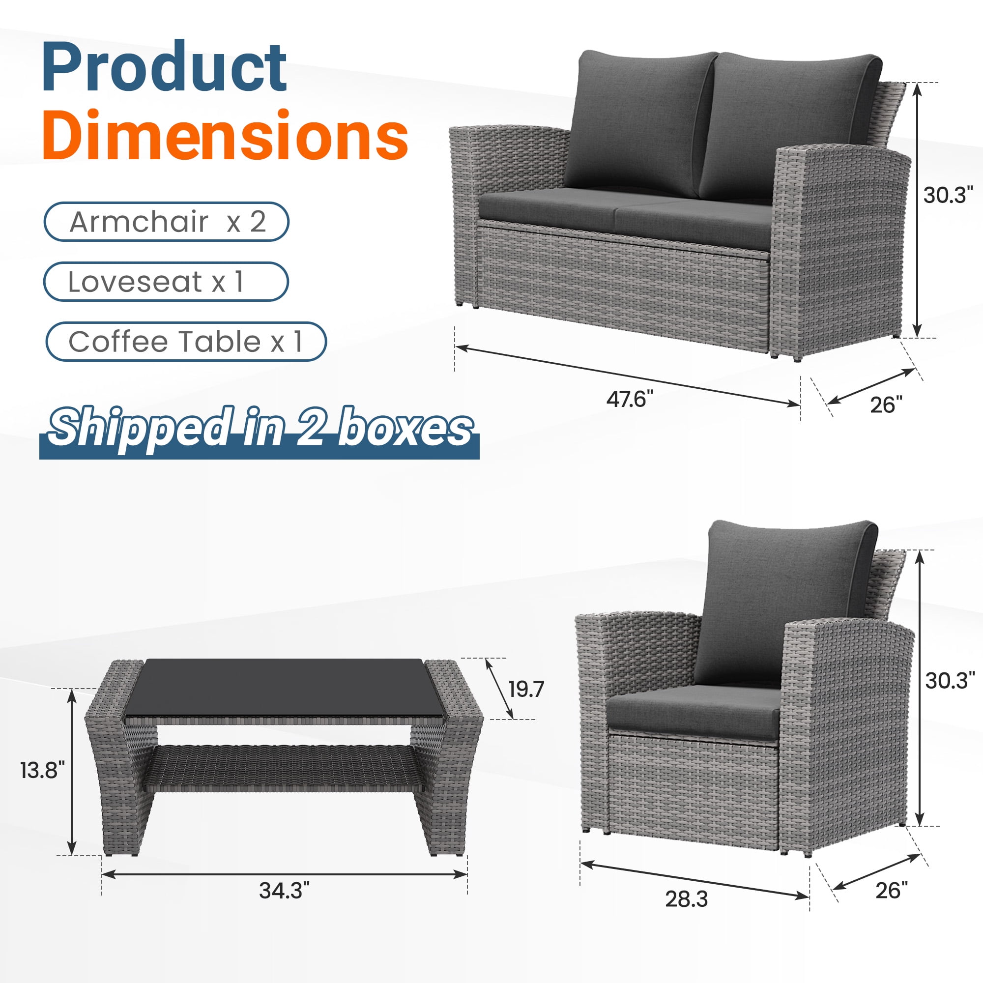 Superjoe 4-Piece Outdoor Patio Furniture Sets, Wicker Rattan Conversation Set, Gray Rattan Black Cushion