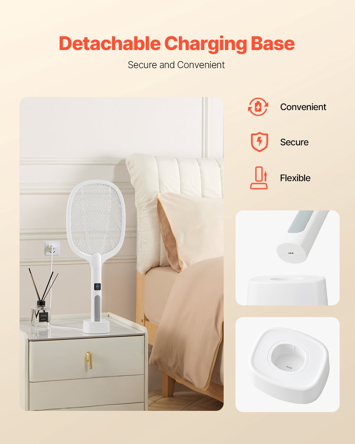 VEVOR Electric Fly Swatter, Zapper Racket with 3 Layers Mesh & Digital Screen Display, Dual Modes Fly Killer with 1500mAh Battery Rechargeable for Home, Bedroom, Kitchen and Patio, White