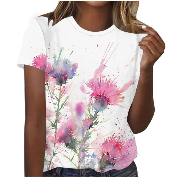 Camisetas de Manga Corta para las Mujeres Impresas Cuello Redondo Camiseta Casual, Camisetas Casuales de Mujer