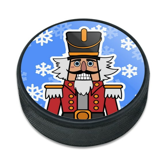 Grinning Nutcracker Soldier with Snowflakes Ice Hockey Puck