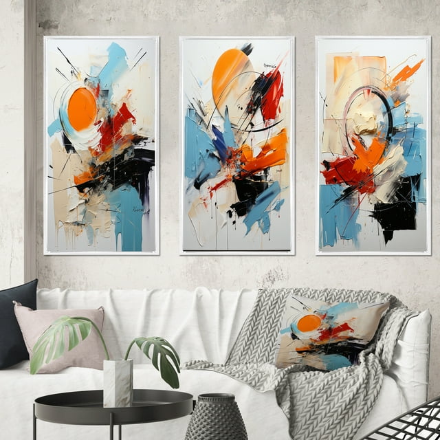 Designart "Serene Cerulean Abstract in Fragile Wisdom V" Abstract Painting Framed Wall Art Set Of 3 - Blue Modern Frame Gallery Set For Office Decor