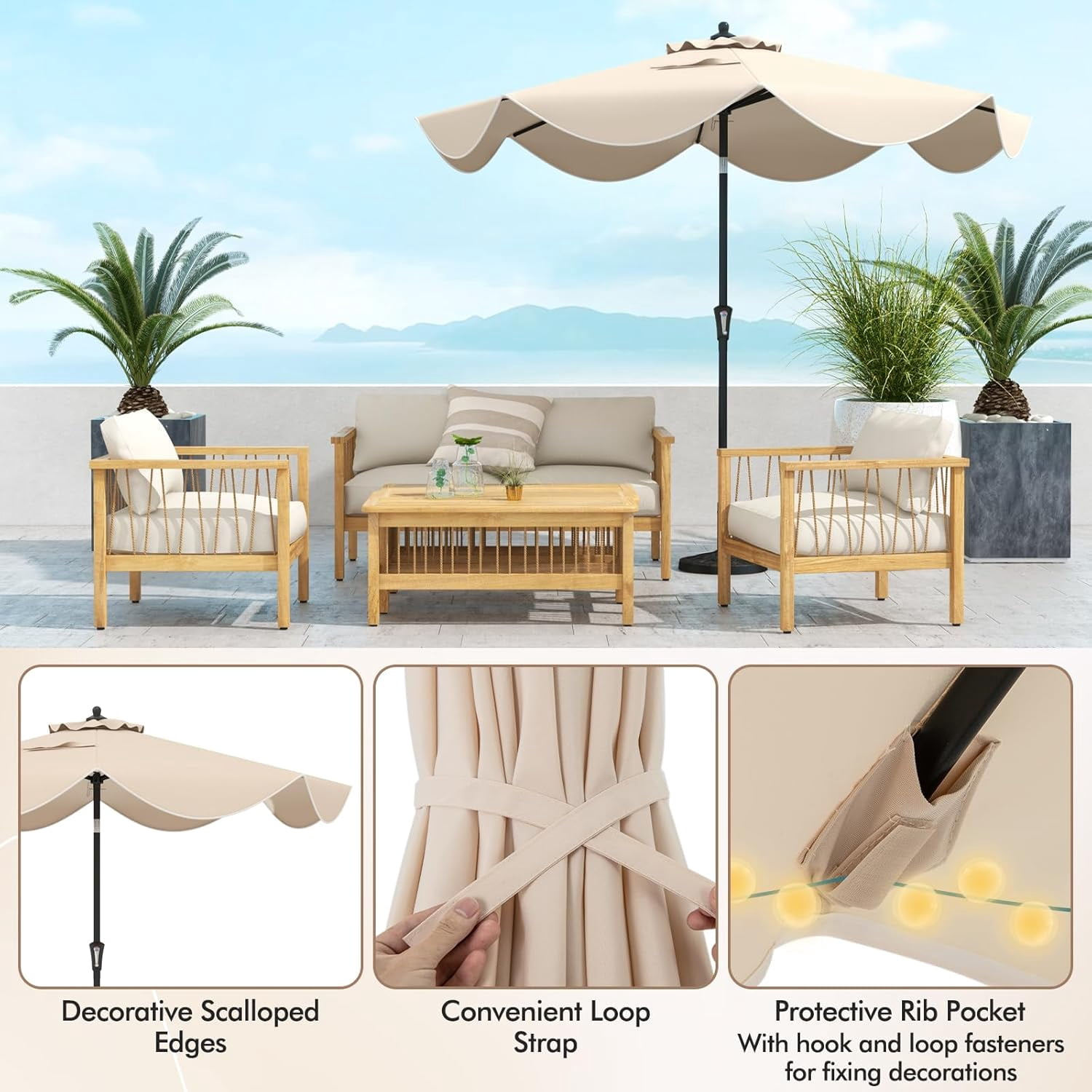 ZYPPP  9Ft Patio Umbrella, Outdoor Umbrella with Crank Handle, Push Button Tilt, 2-Tier Beach Umbrella with Sun-Protective Canopy, 8 Ribs, Scalloped Patio Umbrella for Outdoor Deck Pool Table (Beige)