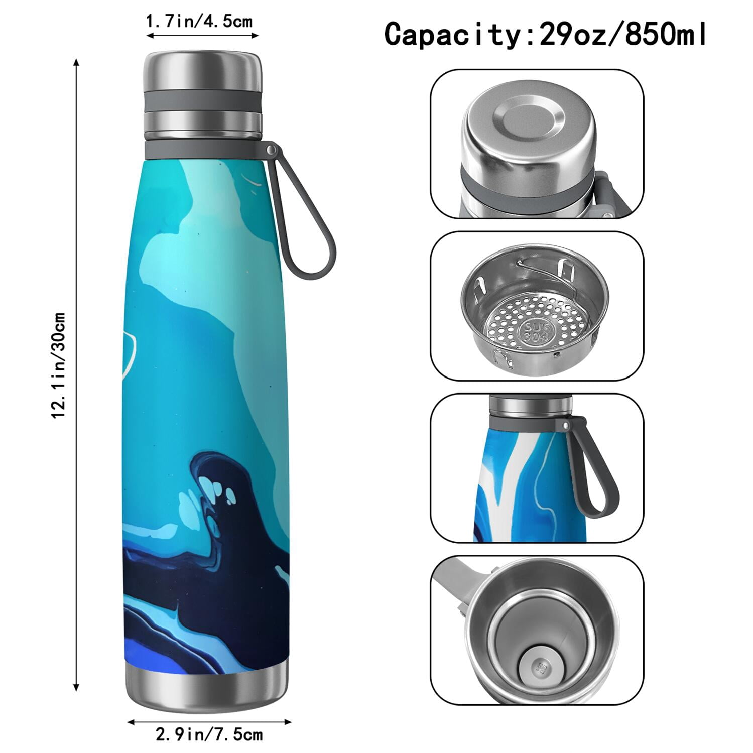 29oz Insulated Water Bottle with Tea Infuser, Stainless Steel Travel Mug, Liquid & Marble Print