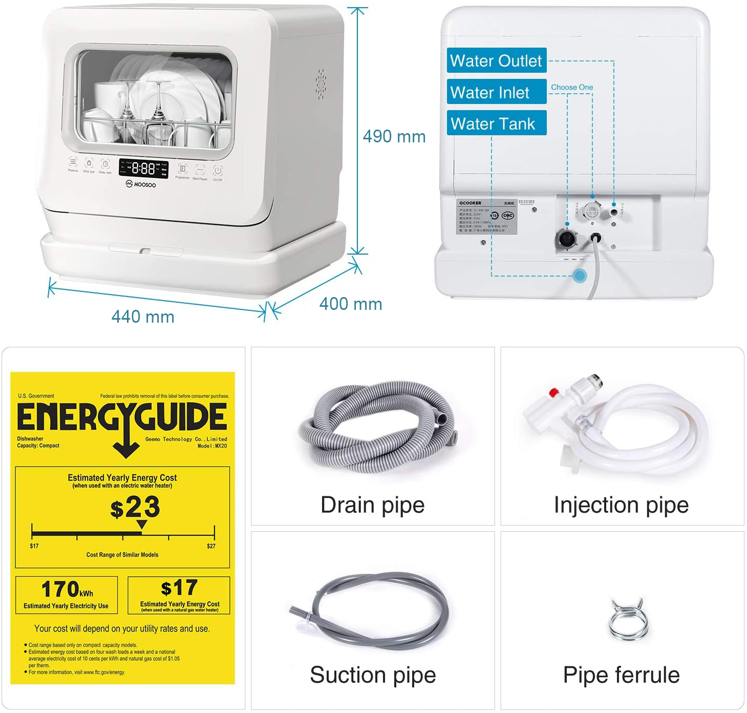 Buy Moosoo Countertop Dishwasher, Portable Dishwasher Cleaner with 7.5