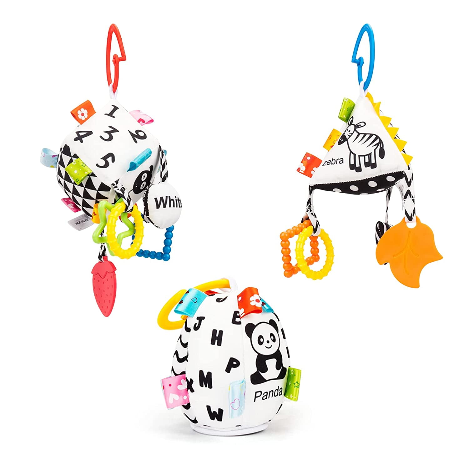 3PCS Baby Car Seat Toys with Rattles & Teether, Black & White High Contrast Stroller & Pram Toy, Crib Bed Plush Hanging Toy for 0-12 Months Newborn, Toddlers, Infants