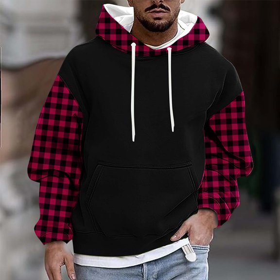 M-4X Mens Big & Tall Hoodies & Sweatshirts with Pocket Plus Size Fleece Lined Hoodie Pullover Long Sleeve Plaid Printed Thermal Warm Sweatshirt