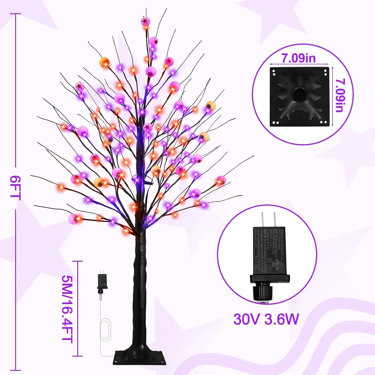 6FT Halloween Decorations Spooky Tree Lights, Large Black Trees with 144 Orange & Purple LEDs, Light up Artificial Tree with Time Function for Outdoor Indoor Home Party Decor