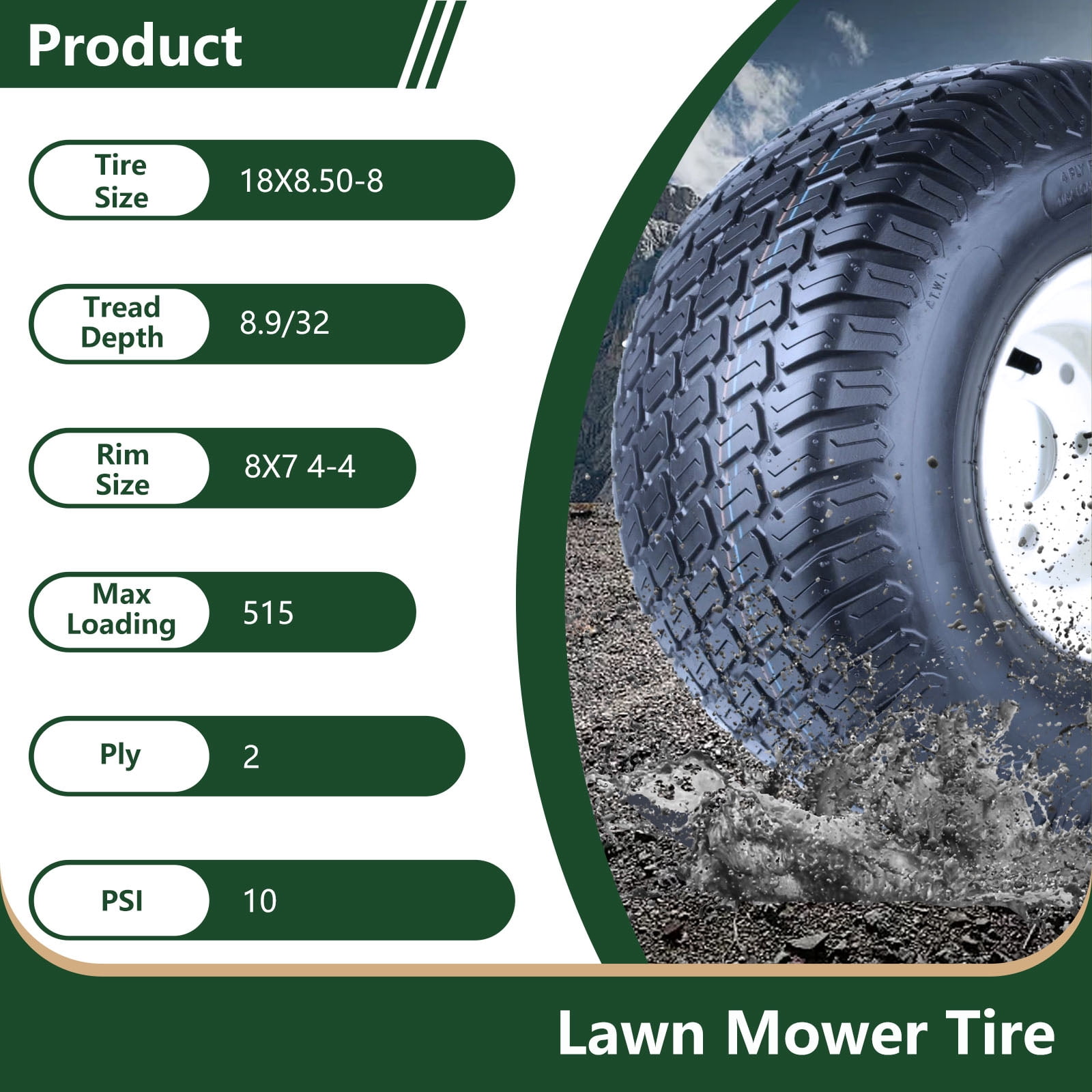 Hi-Run 2 Set SU05 18X8.50-8 2PR Light Duty Lawn & Garden Tire & 8X7 4 Lugs on 4" PCD Wheel Assembly Fits 18X8.5X8, 18X8.5-8