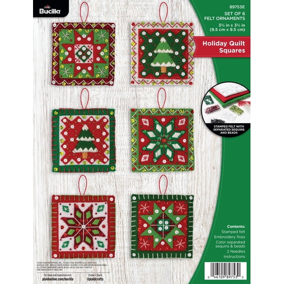 Bucilla Holiday Quilt Squares 6 Count Felt Applique Ornament Kit