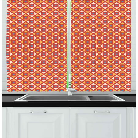 Checked Curtains Kids Curtains 2 Panels Set, Checked Pattern with Dots in Squares Diagonal Geometrical Retro Style, Window Drapes for Living Room Bedroom, 55W X 39L Inches, Marigold Scarlet Sky Blue, by Ambesonne ()