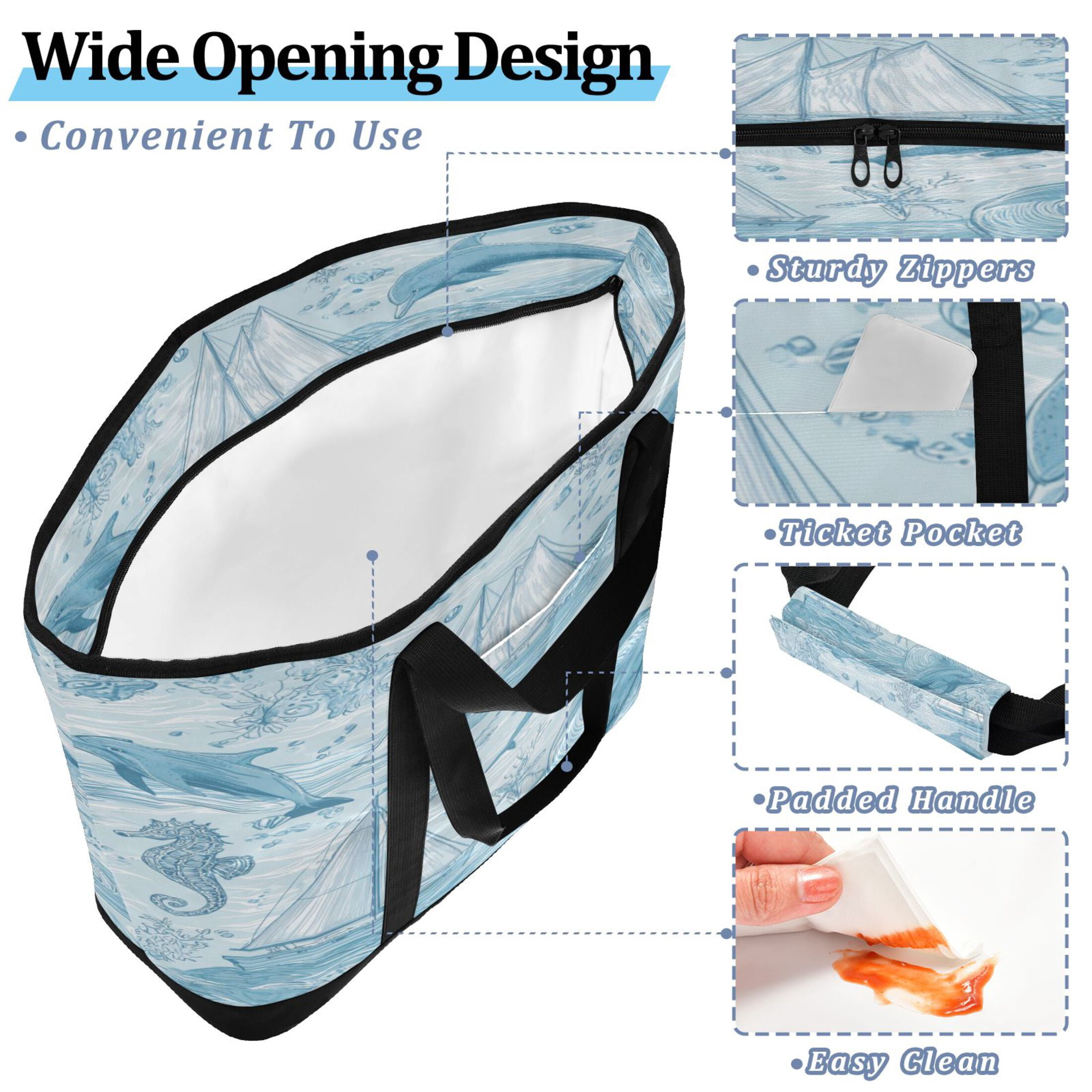Extra-Large Wide Opening Design Capacity Hand-Held Ice Pack Thickened Insulation Layer For Long-Lasting Cold Retention For Outdoor Shopping Picnics And Camping Light Blue Dolphins Nautical Pattern