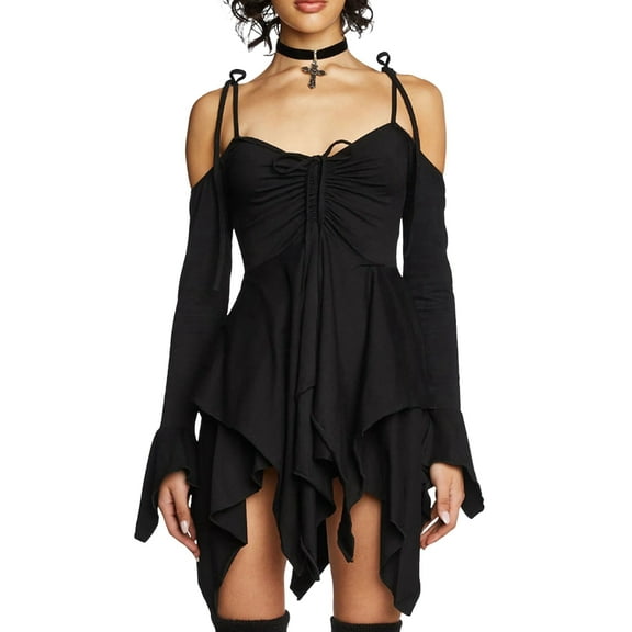 Women'S Halloween Costumes Off-Shoulder Butterfly Fairy Cosplay Party Handkerchief Flowy Midi Dress Black XL