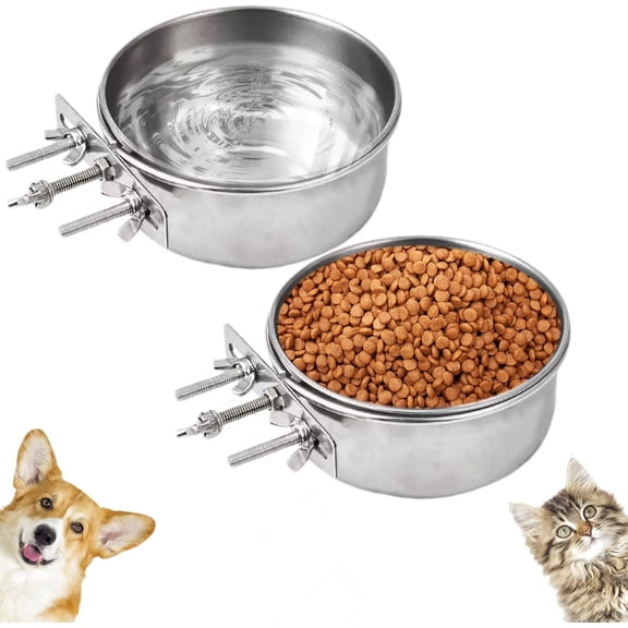 Meilimei 2-Pack Stainless Steel Pet Crate Bowls, No-Spill Hanging Food & Water Bowls for Dog Crate Kennel Cage, Removable Feeder Coop Cup with Easy Lock for Cats, Puppy, Rabbits, Guinea Pigs