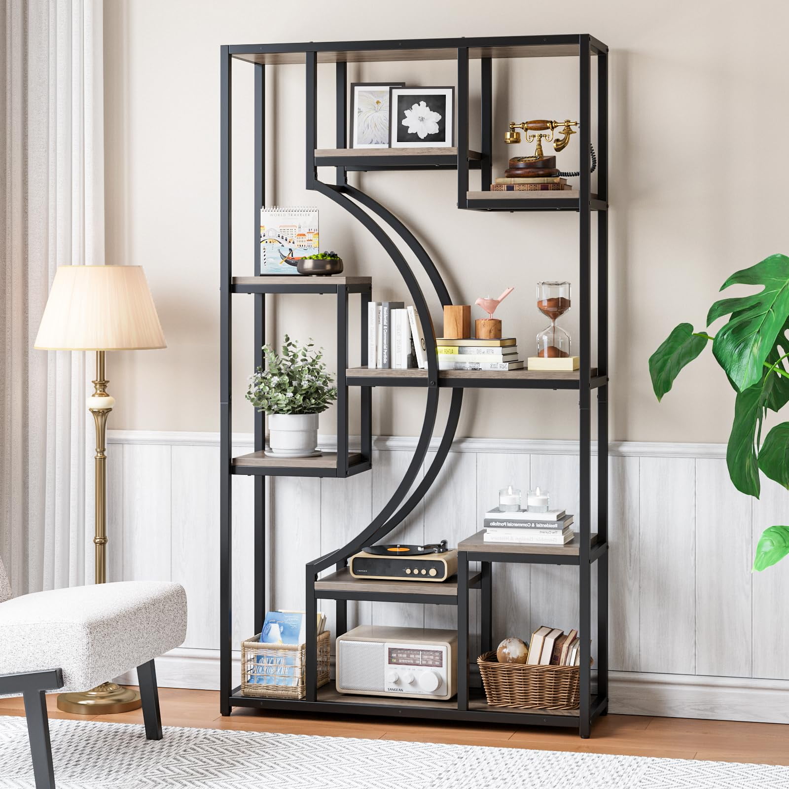 LGHM Industrial Bookshelf, 70 Inch Tall Etagere Bookcase, HalfMoon
