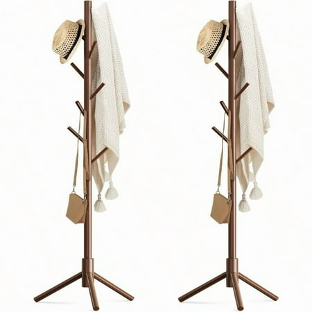 Haddockway Wooden Coat Rack Stand With 8 Hooks New Zealand Pine 3 Adjustable Coat Standing Tree Easy Assembly For Coats Hats Scarves And Handbags For Entryway Hallway Bedroom Office 2 PCS