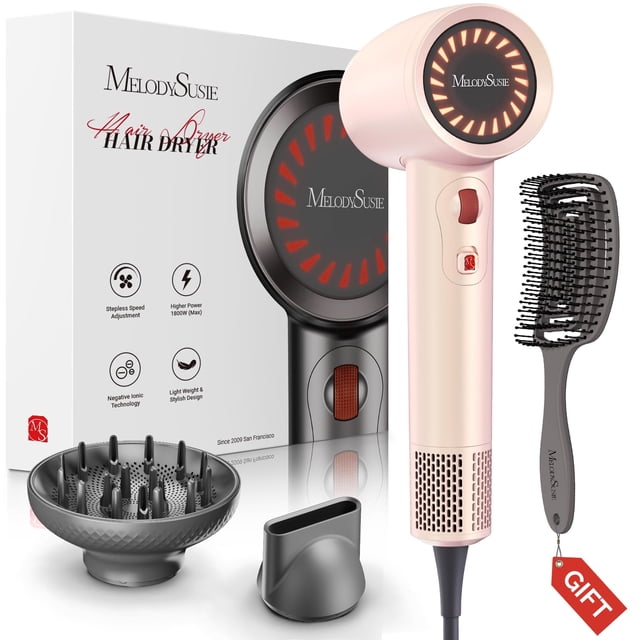 MelodySusie Hair Dryer with Diffuser,1600W Powerful Ionic Blow Dryer with Diffuser,Nozzle and Hair Brush,3 Temps & Stepless Speed,120000 RPM Fast Drying Low Noise Hai