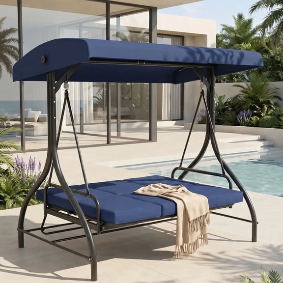 Pirecart 3 Person Patio Porch Swing Outdoor Converting Swing Glider Hammock with Adjustable Canopy, Cushions, Garden, Yard, Blue