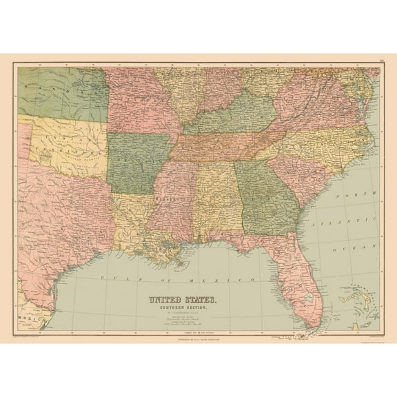 Historic State Map - United States South Eastern - Black 1867 - 31.47 x 23 - Vintage Wall Art