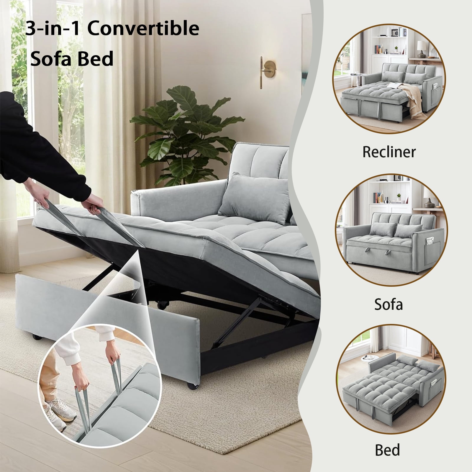 EPOWP 3 in 1 Folding Convertible Sofa Bed,55'' Pull Out Couch Bed with Side Pocket,Velvet Fabric Loveseat Sleeper Sofa with Adjustable Backrest,Easy Assembly,Perfect for Living Room,Light Grey
