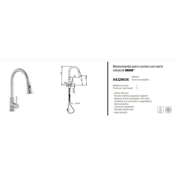 Monomando Urrea Fregadero Retráctil Acero Inox 9432INOX Walmart