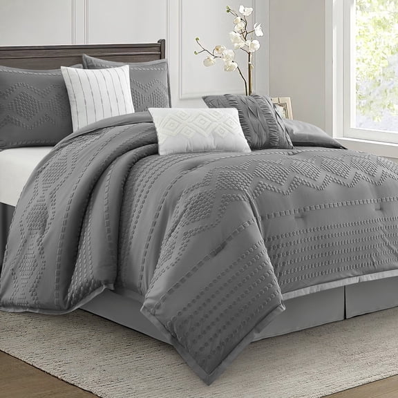 LANCO MODERN LIFESTYLE 7 Pieces King Comforter Set, Grey, Jacquard with Matching Solid Microfiber Piecework, Geometric Diamond Luxury Bedding, Includes Bed Skirt, Shams, and Decorative Pillows