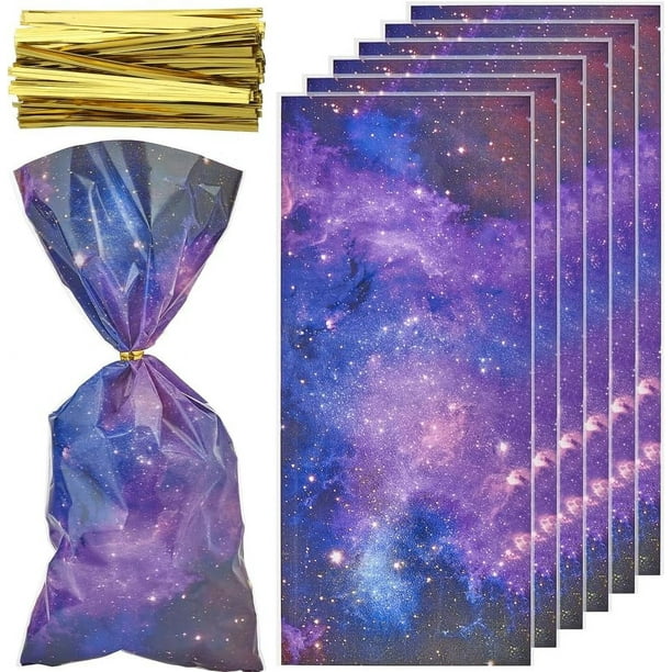 100 bolsas de celofán con temática de galaxia, con motivos espaciales, para regalo, con lazos giratorios y diseño de estrellas y planetas.