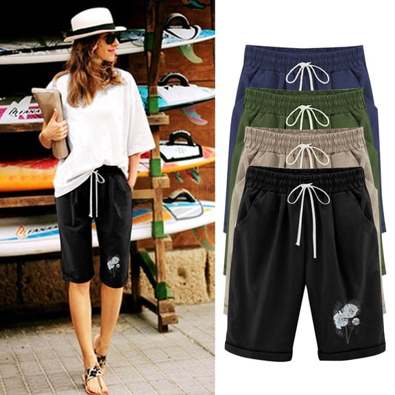 Sentmoon Womens Linen Shorts with Print Summer Women's Bermuda Shorts Drawstring High Elastic Waist Loose Fit Plus Size Sport Shorts Women Hawaiian Breathable for Beach and Swimming Green L