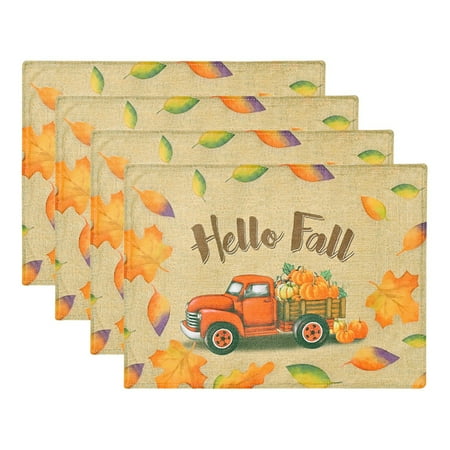 

Thanksgiving Placemats Set of 4 with Pumpkin Maple Leaf Car Printed Fall Harvest Table Mat for Thanksgiving Decor