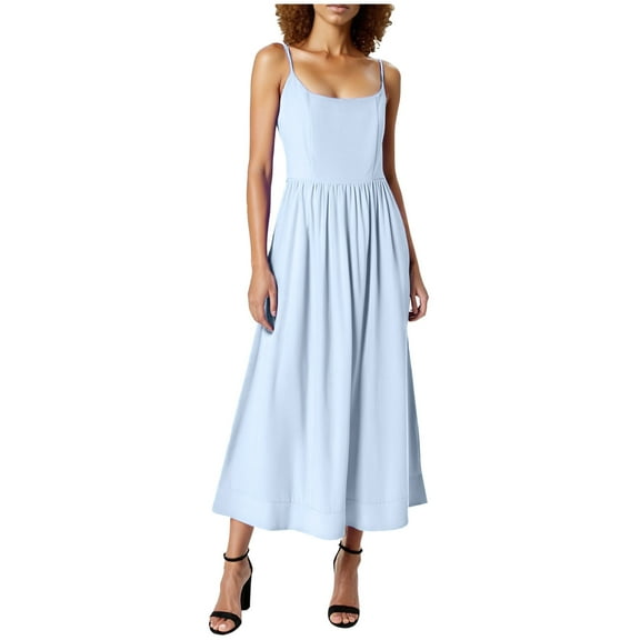 Efsteb Women's Low Cut Spaghetti Strap Long Dress Casual Sleeveless Backless Slim Midi Dress Square Neck Bustier Dresses (Blue,S)