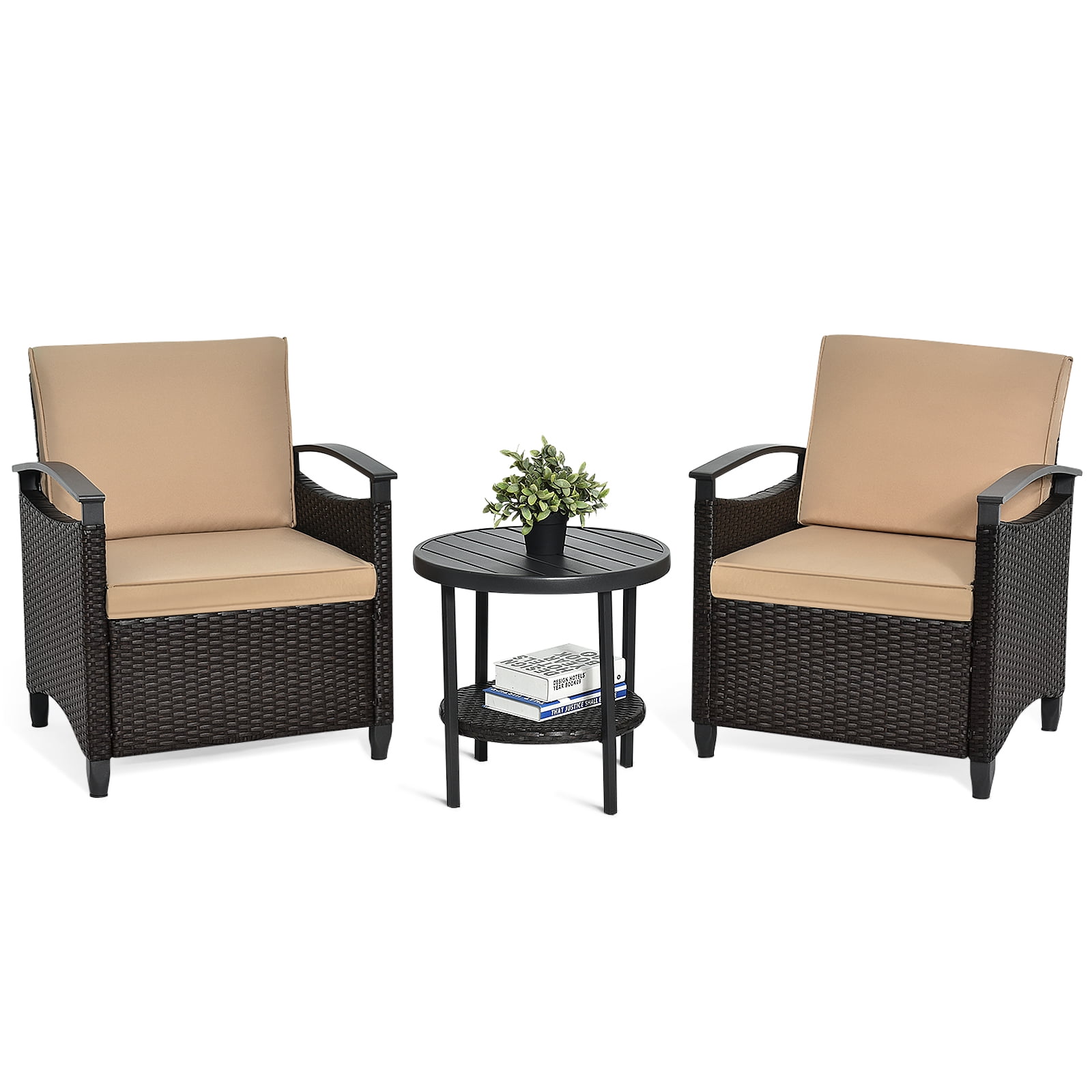Patiojoy 3Piece Rattan Sofa Chair Patio Conversation Set with Coffee
