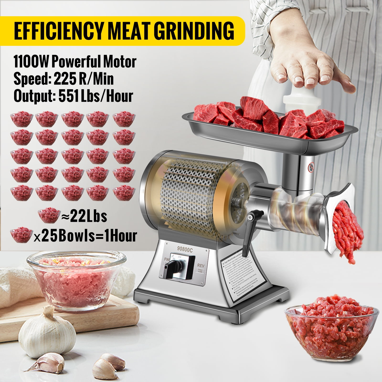 VEVOR 1100-Watt Silver Electric Meat Grinder 550 lbs./Hour Commercial  Sausage Stuffer Maker 1.5-HP for Industrial and Home Use  1100WJRJ90800X001V1 - The Home Depot