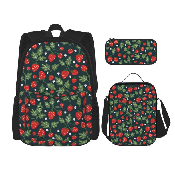 Disketp Strawberry Mochila Estampada de Gran Capacidad con Lonchera y Estuche, Set de 3 Piezas para Estudiantes