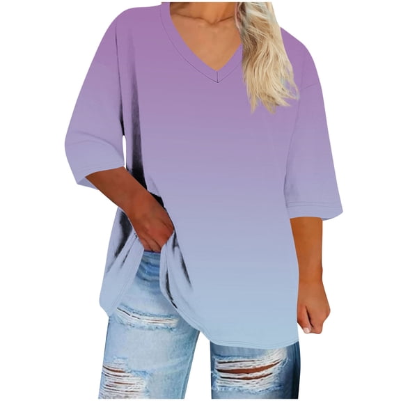 Fengactive Women's Gradient Color Printed Tops Loose V Neck 3/4 Length Sleeve Tunic Pullover Oversized Outfits