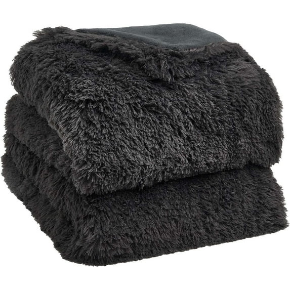 Sienna Super Fluffy Fleece Throw Shaggy Faux Fur Blanket Warm Reversible for Sofa Chair Bed - 60" x 80", Charcoal