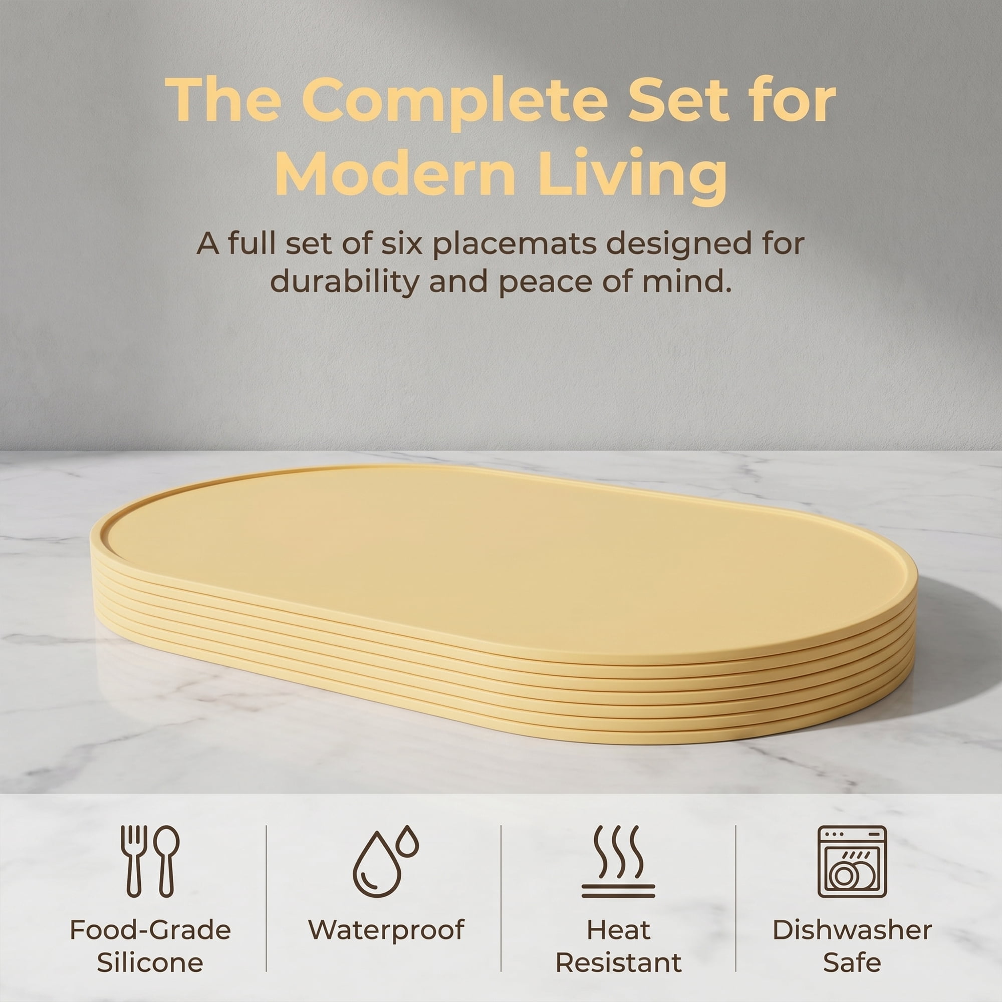 Unique Bargains 6 Pack Silicone Placemats for Kitchen Dining Table Decor Light Yellow 15"x10"