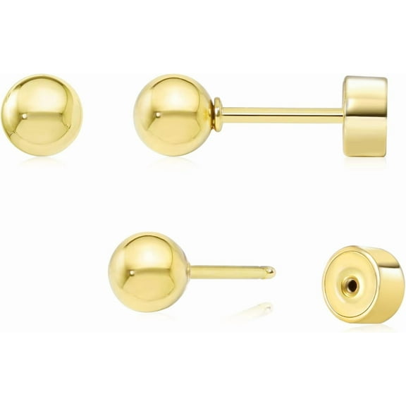 Threadless Flat Back Earrings, 14K Gold Plated Ball Stud Earrings Hypoallergenic | Cartilage Earring | Helix Piercing Jewelry | Tragus Piercing Jewelry | Push in Flatback Earrings for Women Men[a002]