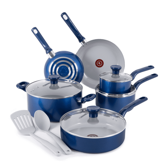 T-fal Easy Care Ceramic Non-Stick, 12 Piece Pots and Pans Cookware Set, Electric Blue