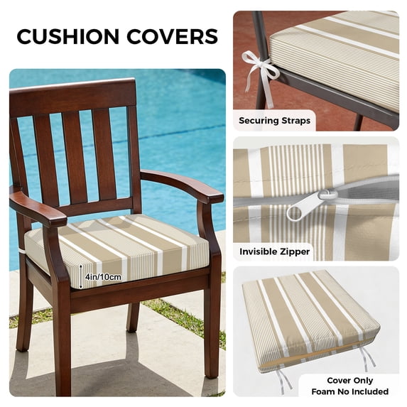 Outdoor Patio Cushion Covers 4 Pack Khaki White Stripes Patio Chair Cushion Covers with Ties and Zipper Modern Vertical Lines Waterproof Outdoor Seat Cushion Covers for Patio Furniture 20"x18"