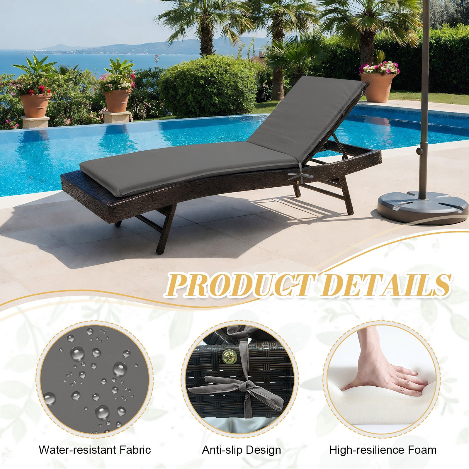 Eurhowing Outdoor Chaise Lounge Cushion 76"×23"×3", Waterproof Thick Patio Furniture Cushions with Straps, High-Density Foam Chair Pads for Poolside & Deck, 1 Pack, Dark Gray