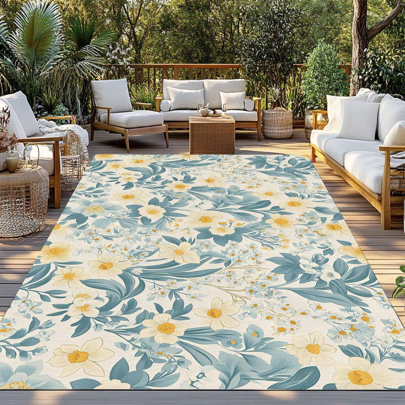 Fsddascl Spring Meadow Blooms Outdoor Rug for Patio/Deck/Porch, Non-Slip Large Area Rug 5 x 8 Ft, Teal Yellow Botanical Indoor Outdoor Rugs Washable Area Rugs, Reversible Camping Rug Carpet Runner