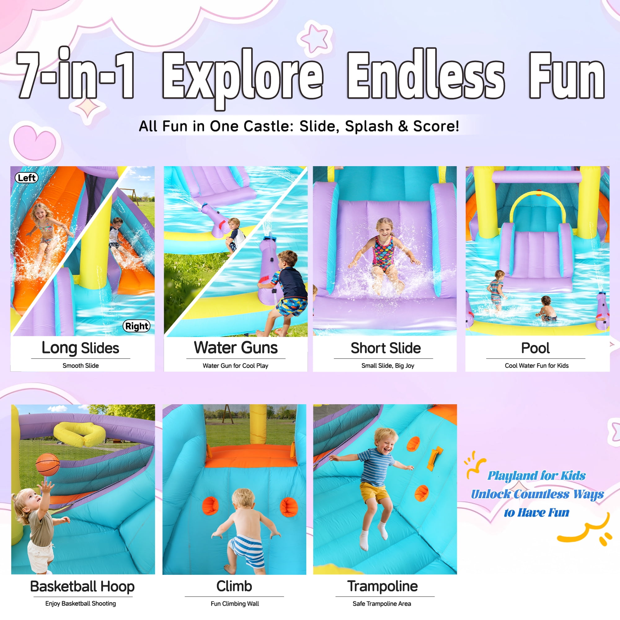 Anypool 7-in-1 Inflatable Water Slide Bounce House with 3 Slides, Splash Pool, Climbing Wall, Water Gun & Basketball 168 x 150 x 78 inches 520W Blower Outdoor Backyard Fun