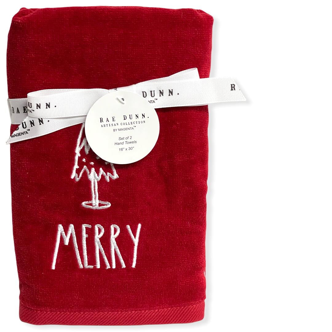 Rae Dunn Hand Towels Red Set of 2 MERRY LL White 16'x 30' Christmas Holiday