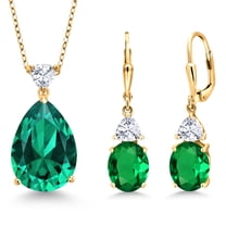 Gem Stone King 18K Yellow Gold Plated Silver Green Nano Emerald and White Moissanite Pendant Earrings Jewelry Set for Women (14.66 Cttw, Pear Shape 18X13MM, with 18 inch Chain)
