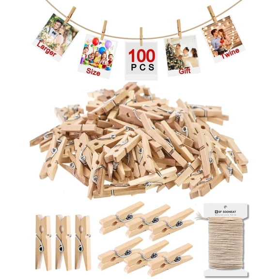 Mini Clothes Pins for Photo, Mini Clothespins, Upgraded 1.18" Picture String with Clips, Small Wooden Close Pins for Classroom Crafts Baby Clothesline Laundry Tiny Polaroid Display Kit, 100 PCS