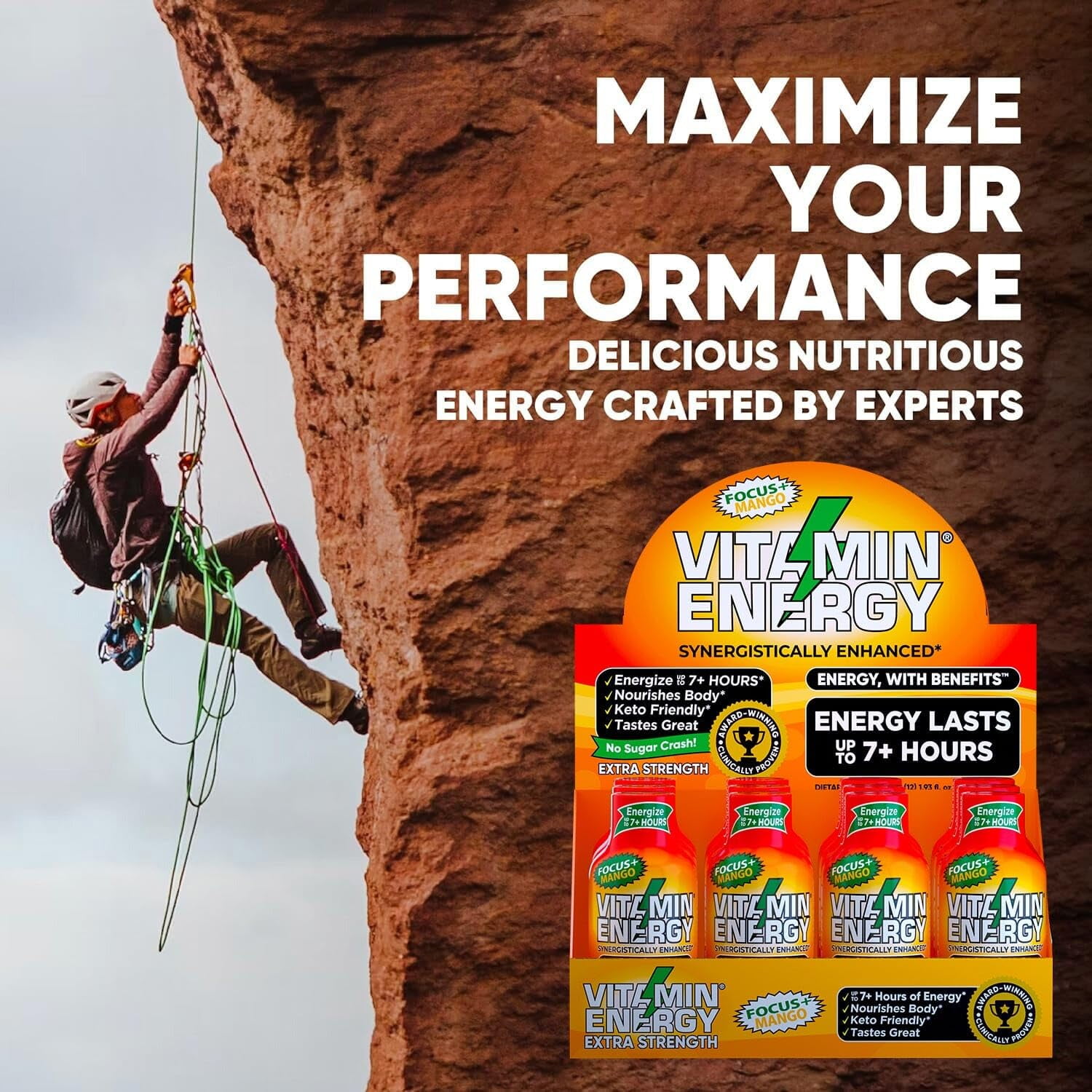 Vitamin Energy Focus+ Extra Strength Shot, Mango, 24 Pack – 260mg Natural Caffeine, CoQ10 & B-Vitamins, Zero Sugar, 1.93 fl oz