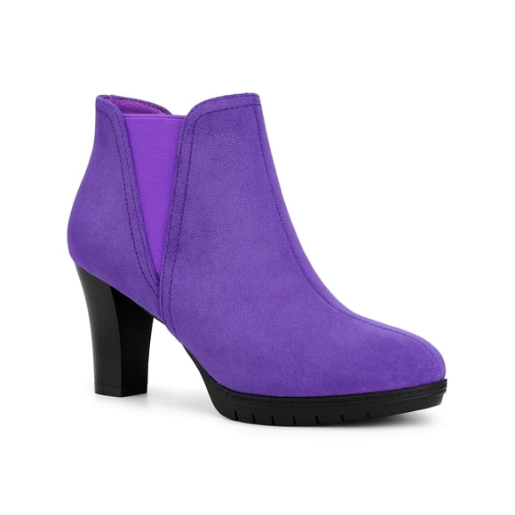 BLISSFUL STEP Women's Ankle Boots Chelsea Platform Chunky Heel Round Toe Faux Suede Boots Dark Purple 5.5